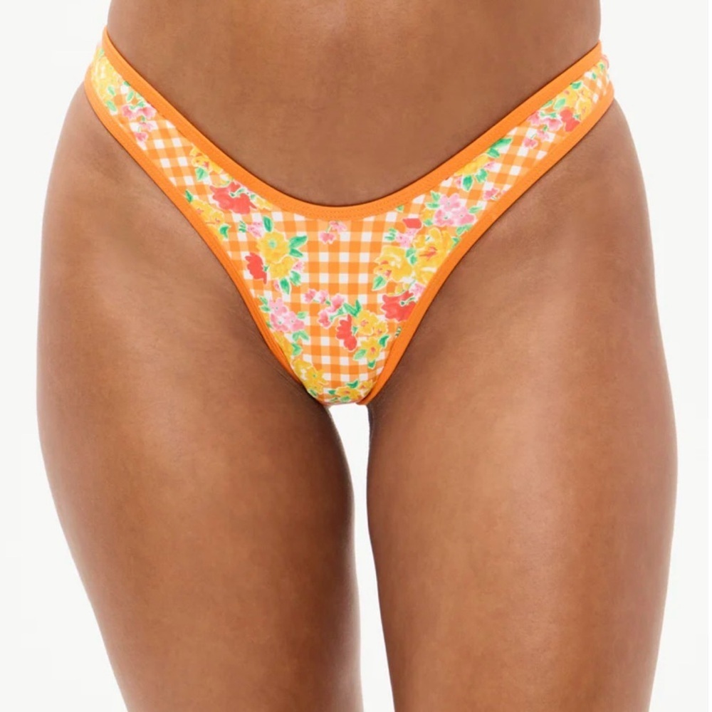 Frankies Bikini Full Moon Micro Bikini Bottom in marigold gingham print. Size XS